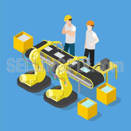 Flat 3d isometric smartphone tablet electronics industry production factory conveyor concept web infographics vector illustration. Workers touch screen assembly mechanism. Creative people collection.