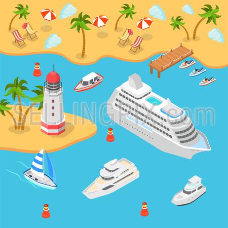 Flat 3d isometric nautical transport sea shore tropical beach lighthouse cruise passenger liner boat yacht concept web infographics vector. Container ship barge loading crane marine transportation.