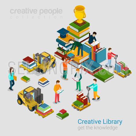 Flat 3d isometric creative library education knowledge concept web infographics vector illustration. Young casual students loaders stacks books pallet. Creative people collection.