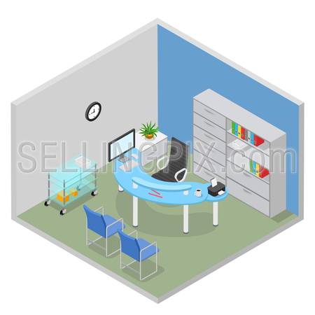 Flat 3d isometric hospital doctor desk room interior health care concept web infographics vector illustration.