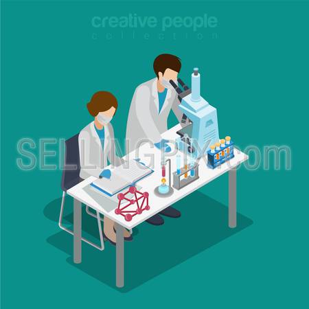 Flat 3d isometric science lab experiment research pharmaceutics chemical concept web infographics vector illustration. Couple scientist assistant microscope flask test tube. Creative people collection.