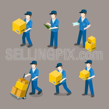 Flat 3d isometric delivery man at work icon set concept web infographics vector illustration. Creative people collection.