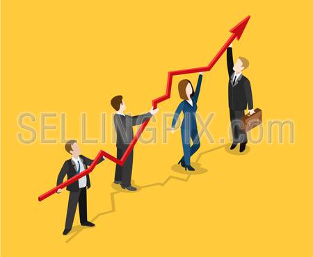 Flat 3d isometric profit indicator growth concept web infographics vector illustration. Businesspeople holding rising red graphic line with arrow. Creative people collection.
