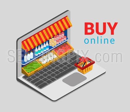 Laptop buy online grocery shopping e-commerce store flat 3d web isometric infographic concept vector electronic business sales. Shop cart market shop showcase product shelving shelf laptop screen.