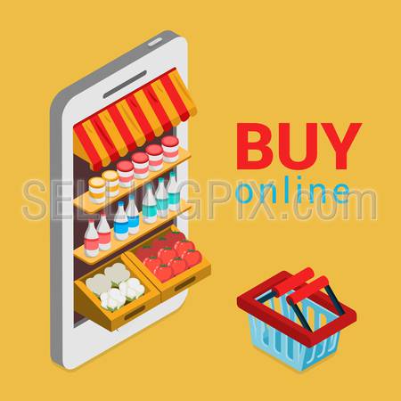 Tablet smartphone buy online grocery shopping e-commerce store flat 3d web isometric infographic concept vector electronic business sales. Shop cart market shop showcase product shelving shelf screen.