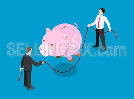 Flat 3d isometric financial credit loan investment solution concept web infographics vector illustration. Piggy bank jump skipping rope holding businessmen. Creative people collection.