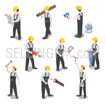 Flat 3d isometric builder construction worker icon set concept web infographics vector illustration. Carpenter painter driller architect foreman swamper. Creative people collection.