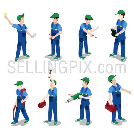 Flat 3d isometric plumber electrician mechanic car repair service worker icon set concept web infographics vector illustration. Creative people collection.