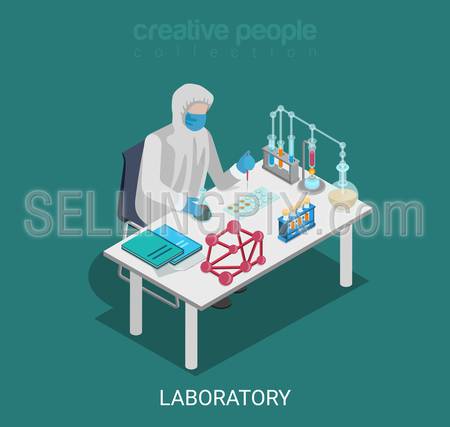 Flat 3d isometric science lab experiment research pharmaceutics chemical concept web infographics vector illustration. Scientist dropper flask test tube. Creative people collection.