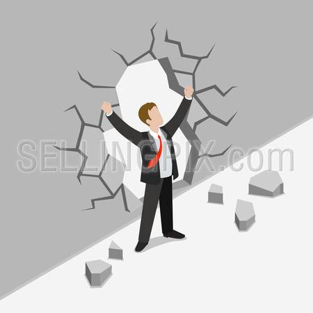 Flat 3d isometric obstacle overcome business concept web infographics vector illustration. Businessman crack concrete wall rising hands winner. Creative people collection.