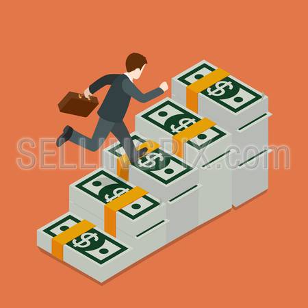 Flat 3d isometric growing wealth concept web infographics vector illustration. Businessman running up on dollar banknote ladder. Creative people collection.