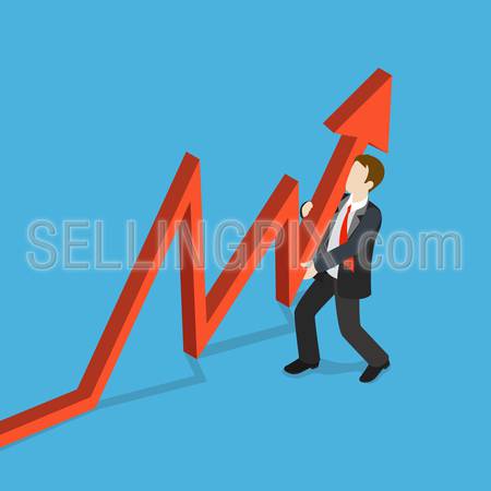 Flat 3d isometric key indicator support concept web infographics vector illustration. Businessman supporting red line arrow growing profit sale data. Creative people collection.