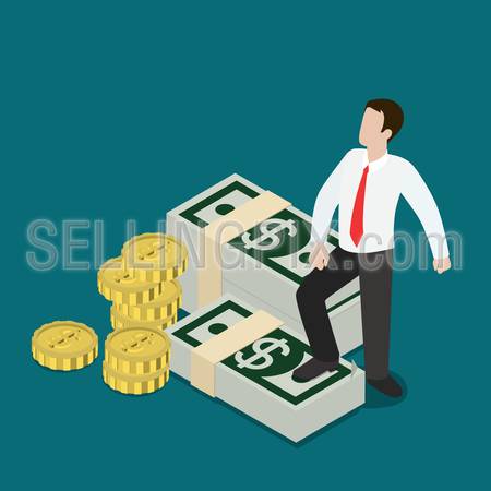 Flat 3d isometric business prosperity concept web infographics vector illustration. Micro businessman standing on dollar note packs coin stacks. Creative people collection.