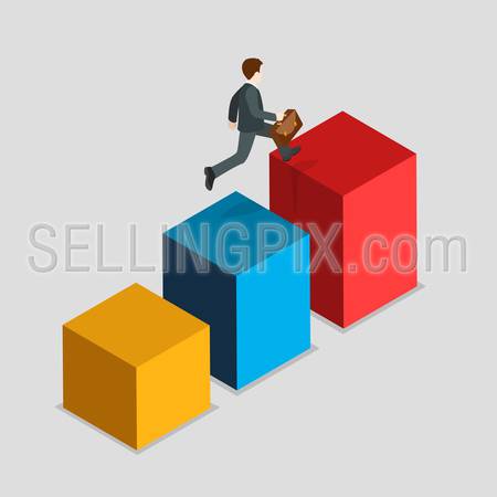 Flat 3d isometric report indicator rush business statistics concept web infographics vector illustration. Businessman run up bar graphic. Creative people collection.