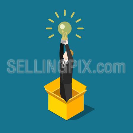 Flat 3d isometric idea research concept web infographics vector illustration. Businessman rising hands to take light bulb lamp. Creative people collection.
