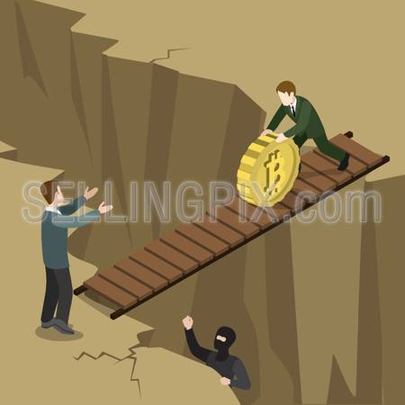 Flat 3d isometry isometric bitcoin crypto currency security payment process concept web infographics vector illustration. Man rolling bit coin down bridge over abyss. Creative people collection.