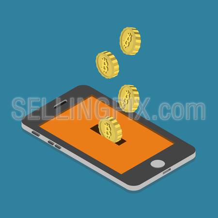 Flat 3d isometry isometric bitcoin online currency payment mining wallet concept web infographics vector illustration. Bit coin slide hole smart phone screen money box savings. Bitcoins collection.