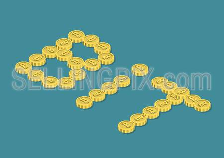 Flat 3d isometry isometric bitcoin concept web infographics vector illustration. Word BIT combined with bit coin money. Bitcoins collection.