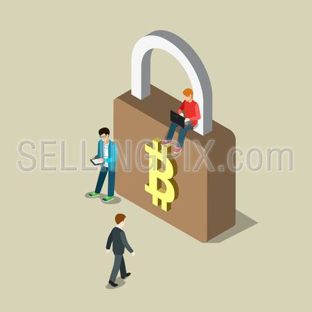 Flat 3d isometry isometric bitcoin security secure transaction payment concept web infographics vector illustration. Young hipster men on lock with bit coin sign. Creative bitcoins people collection.