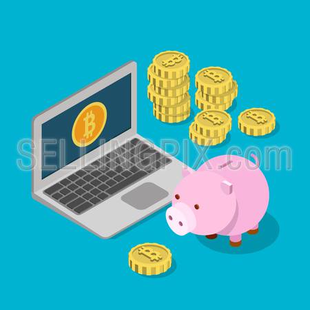 Flat 3d isometry isometric bitcoin money box savings wallet purse concept web infographics vector illustration. Piggybank laptop and bit coins. Bitcoins collection.