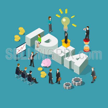 Flat 3d isometric style idea concept web infographics vector illustration. Businessmen meeting report and big idea word. Creative people collection.