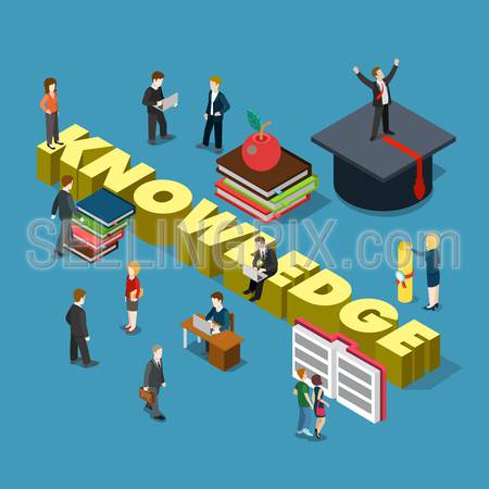 Flat 3d isometric style knowledge education training study graduation concept web infographics vector illustration. Micro businessmen graduate cap books big knowledge word. Creative people collection.