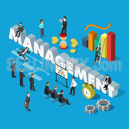 Flat 3d isometric management concept web infographics vector illustration. Micro businessmen group big management word key indicator graphic corporate meeting whiteboard. Creative people collection.