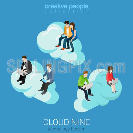 Flat 3d isometry isometric internet technology heaven cloud nine concept web infographics vector illustration. Businessman casual couple on clouds surfing laptop tablet. Creative people collection.