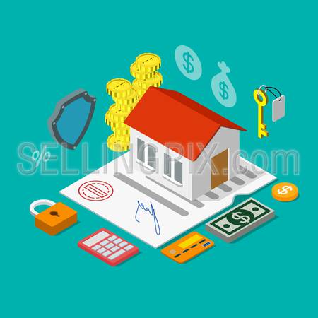 Flat 3d isometry isometric home mortgage credit loan icon concept web app infographics vector illustration. House on contract certificate calculator coin key dollar money credit card.