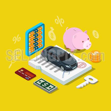 Flat 3d isometry isometric car credit loan financing plan icon concept web app infographics vector illustration. Car on contract certificate coin key dollar money credit card.