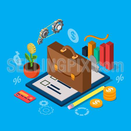 Flat 3d isometric equity stock exchange investment portfolio icon set concept web infographics vector illustration. Briefcase on checklist graphic credit card coin cogwheel mechanism plant.