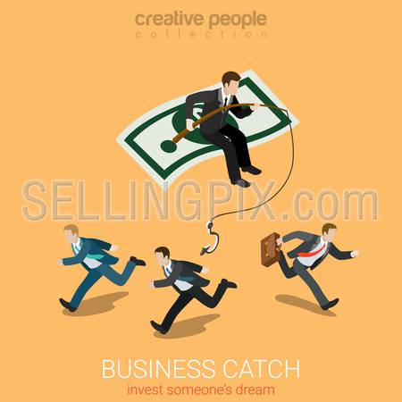 Flat 3d isometry isometric business catch invest dream concept web infographics vector illustration. Businessman on dollar carpet fishing smaller startuppers. Creative people collection.
