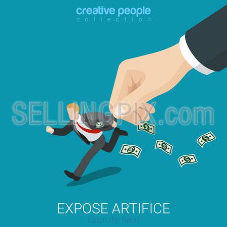 Flat 3d isometry isometric expose artifice catch fiend concept web infographics vector illustration. Big hand catch running . Creative people collection.