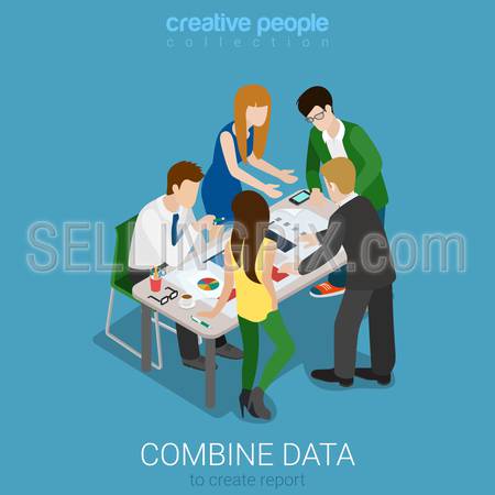 Flat 3d isometry isometric combine data to create graphic report concept web infographics vector illustration. Meeting room team work on codument. Creative people collection.