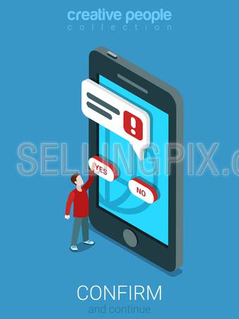 Flat 3d isometry isometric YES NO TRUE FALSE interface buttons concept web infographics vector illustration. Micro casual man pressing button on big smartphone. Creative people collection.