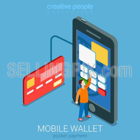 Flat 3d isometry isometric mobile wallet payment transaction processing concept web infographics vector illustration. Micro casual man entering PIN code on big smartphone. Creative people collection.