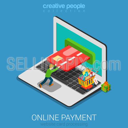 Flat 3d isometry isometric mobile online payment concept web infographics vector illustration. Micro casual man pushing card into laptop screen. Creative people collection.