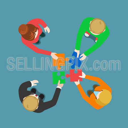 Business team solution in partnership teamwork concept flat 3d web infographic vector. Top view four businessmen pushing pieces of puzzle. Creative people collection.