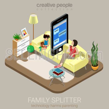 Flat 3d isometry isometric family splitter social parenting concept web infographics vector illustration. Big smartphone sofa between mom daughter lack deficit attention. Creative people collection.