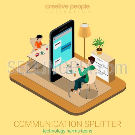 Flat 3d isometry isometric communication splitter social parenting concept web infographics vector illustration. Big smartphone table between dad son lack deficit attention. Creative people collection