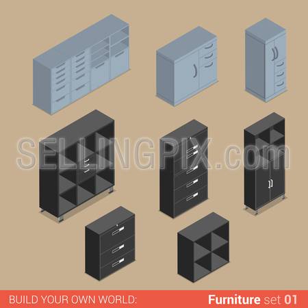 Office furniture set 01 cupboard folder shelf storage closet cabinet chest locker box element flat 3d isometry isometric concept web infographics vector illustration. Creative interior objects collection.
