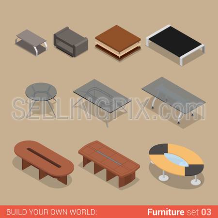 Office furniture set 03 table living meeting room element flat 3d isometry isometric concept web infographics vector illustration. Creative interior objects collection.