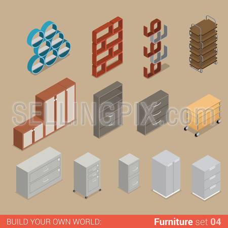 Office furniture set 04 cupboard folder book shelf storage closet cabinet chest element flat 3d isometry isometric concept web infographics vector illustration. Creative interior objects collection.