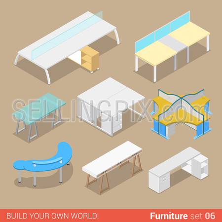 Office furniture set 06 work table two four seat element flat 3d isometry isometric concept web infographics vector illustration. Creative interior objects collection.