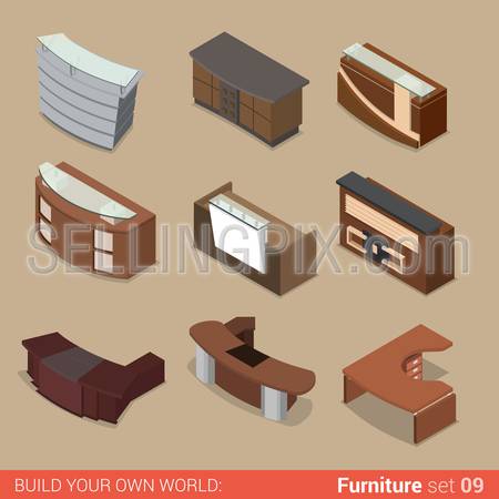 Office furniture set 09 reception boss manager table room element flat 3d isometry isometric concept web infographics vector illustration. Creative interior objects collection.