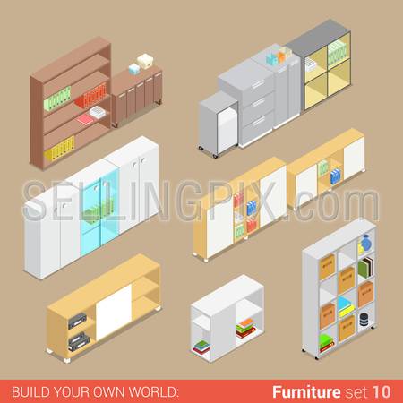 Office furniture set 10 cupboard folder shelf storage closet cabinet chest locker element flat 3d isometry isometric concept web infographics vector illustration. Creative interior objects collection.