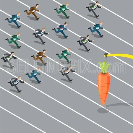 Flat 3d isometric massive lure mass insanity herd instinct social engineering business concept web infographics vector illustration. Businessmen crowd running catch carrot. Creative people collection.