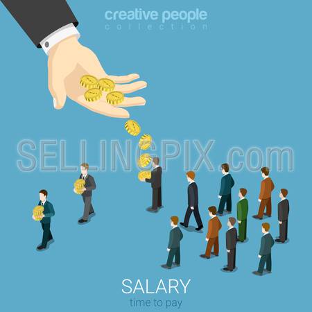 Salary wage business isometry concept flat 3d isometric web infographics vector illustration. Big hand give money to micro businessmen. Creative people collection.