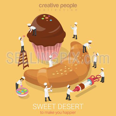 Sweet desert bakery muffin croissant flat 3d isometry isometric concept web infographics vector illustration. Micro bakers baking huge croissant pour chocolate. Creative people collection.