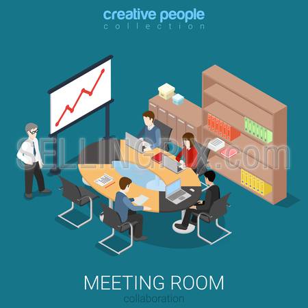 Meeting room presentation work process flat 3d isometry isometric concept web infographics vector illustration. Interior block table teamwork report speaker. Creative people collection.